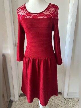 Jessica Simpson Red Lace Yoke Long Sleeve Fit-and-Flare Dress